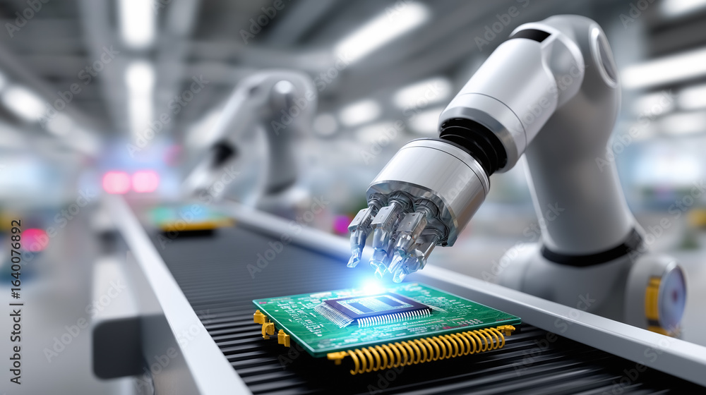 Poster industrial robots work on assembly line, placing microchips onto circuit boards. high-tech factory s