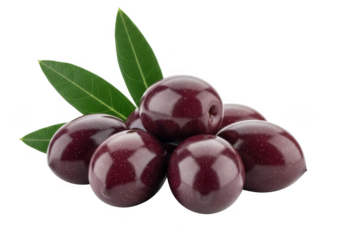 Ripe dark olives with green leaves isolated on transparent background