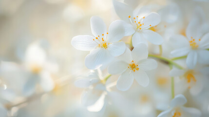 Obraz premium Delicate white flowers with soft yellow centers create serene and tranquil atmosphere, showcasing nature beauty in close up view. gentle hues evoke feelings of peace and calm