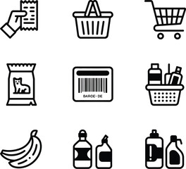 Shopping and Grocery Icon Set with Cart Basket Receipt Barcode Cat Food Bananas Bottles and Toiletries Vector