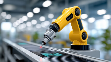 Industrial robot positioned to assemble electronic components on conveyor belt in high-tech factory. Bright and clean workshop setting emphasizes automation and efficiency