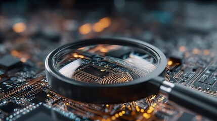 Close-up of a magnifying glass focused on a computer motherboard, highlighting circuits and chips