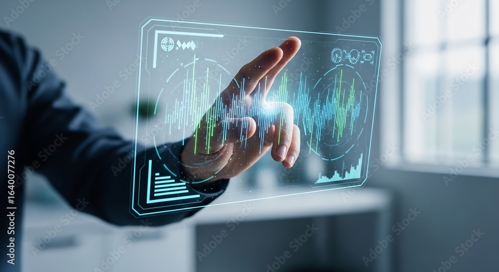 Poster interactive futuristic technology hand interacting with holographic display showing data analysis