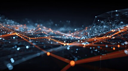 Dynamic neural network visualization with glowing orange and blue data streams, perfect for technology, AI, and connectivity concepts.