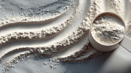 Fine collagen peptide powder spills from a ceramic scoop onto a marble surface