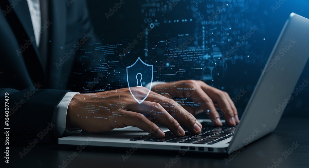 Poster cybersecurity expert protecting data with advanced encryption and network security measures
