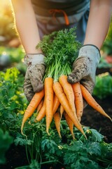 Freshly Harvested Orange Carrots Held by Gardener in a Vibrant Vegetable Garden During Golden Hour.