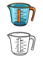 Cartoon measuring cup illustration in color and black and white line art for coloring.