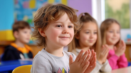 Pupils clapping hands enthusiastically in a colorful classroom. Joyful atmosphere with bright decorations and educational materials visible