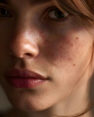 Naklejka premium Extreme close-up of young woman’s face with natural skin texture, freckles, and acne spots showing realistic beauty and dermatology concept