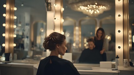 Elegant woman with styled updo sitting in luxury hair salon under warm lights, hairstylist working in background creating professional look
