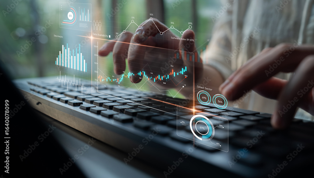 Poster data analytics dashboard with charts, indicators, and performance metrics, reveals trends, data anal