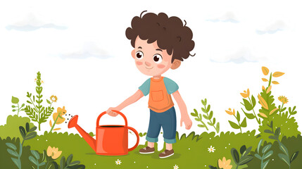 Young Boy Holding Watering Can - Illustration for Gardening Concepts