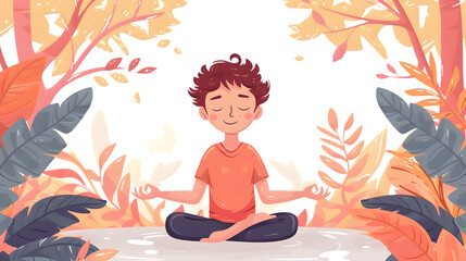 Young Boy Engaging in Mindful Meditation and Yoga Practice - Health and Wellness Illustration