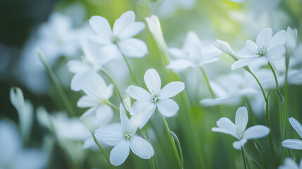 Delicate white flowers with gentle petals radiate beauty in serene garden setting, creating peaceful atmosphere filled with tranquility and nature charm