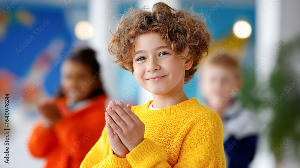 Poster happy students clapping hands together in a lively classroom. brightly colored walls create an invit