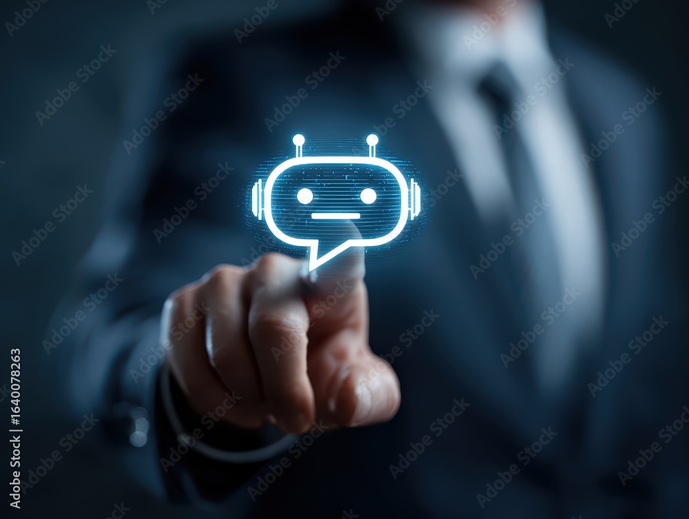Poster business man using digital chatbot artificial intelligence (ai) with hacking and warning alert. cybe