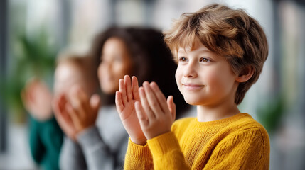 Children clapping hands enthusiastically during a learning session. Joyful expressions highlighted in a well-lit classroom setting. Concept of education, engagement, diversity