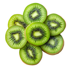 Fototapeta premium Heap of freshly sliced ripe kiwi fruit showing green flesh and black seeds isolated on transparent background