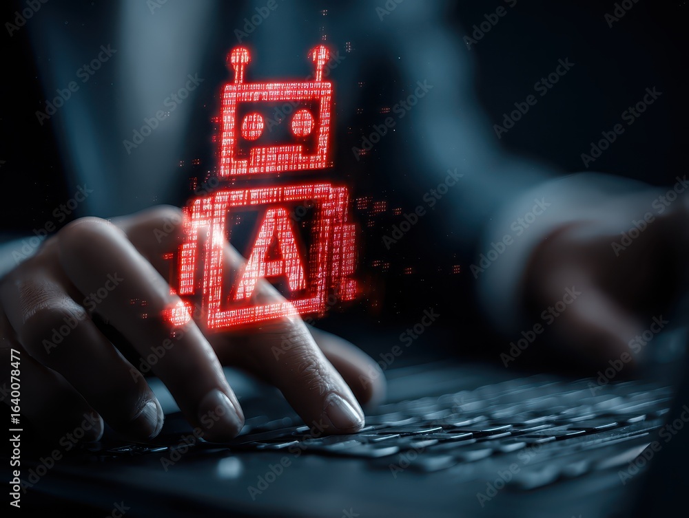 Poster business man using digital chatbot artificial intelligence (ai) with hacking and warning alert. cybe