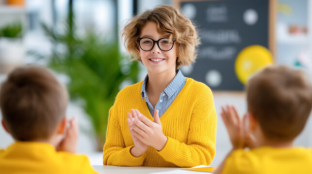 Pupils smiling and clapping hands with enthusiasm while teacher observes from front of classroom. Bright and colorful learning environment with cheerful atmosphere