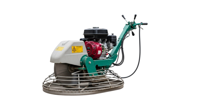 Concrete troweling machine in three views, showcasing a walk behind model with large rotating blade for efficient smoothing tasks