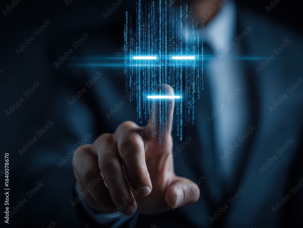 Poster business man using digital chatbot artificial intelligence (ai) with hacking and stop alert. cyber a