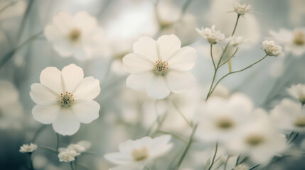 Delicate white blooms create intimate view, evoking feelings of tranquility and serenity in soft, dreamy atmosphere. gentle petals and subtle details enhance beauty of nature