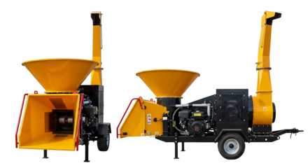 Wood chipper shredder showcasing three views with bright yellow funnel intake and tall exhaust chute, ideal for yard cleanup