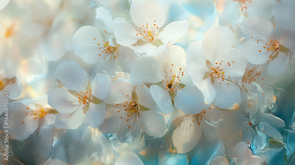 Poster intimate view of white blossoms with vibrant centers creating serene and delicate atmosphere. soft p