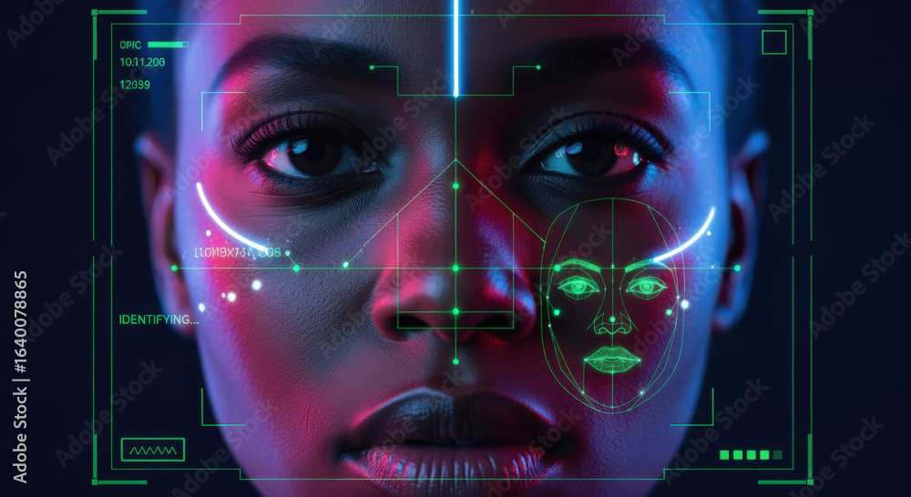 Poster facial recognition technology scanning a face for identification and verification in a futuristic co