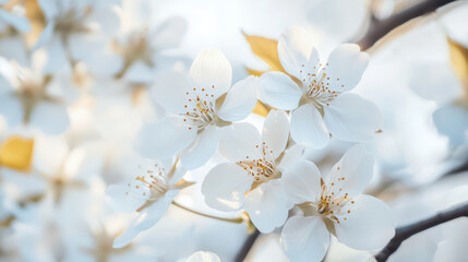 Obraz premium Intimate view of white blossoms with vibrant centers creating serene atmosphere. delicate petals and soft light evoke sense of tranquility and beauty in nature