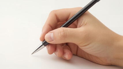 Ultrarealistic Closeup of a Hand Holding a Black Pen, Ready to Write, on a Minimalist White Background