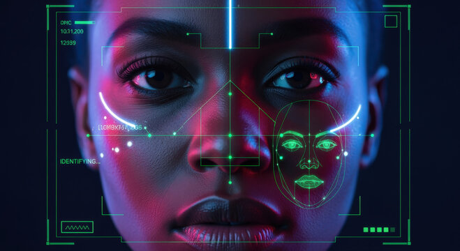 Facial Recognition Technology Scanning a face for identification and verification in a futuristic concept. The person's face is illuminated with a display of data and lines. - Powered by Adobe