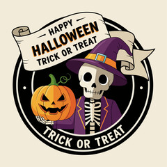 Happy Halloween banner with a smiling skeleton holding a jack o lantern pumpkin. Halloween party poster.