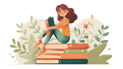 Young Girl Sitting on Pile of Books - Educational Illustration