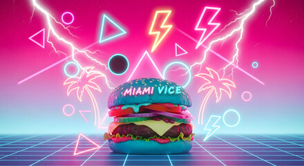 Neon Glow Burger in Retro Synthwave Style with Grid and Lightning Bolts on Vibrant Pink Background