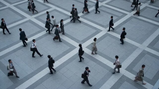 Aerial View of Business People Commuting in City Square - A high-angle, long shot captures numerous business professionals walking purposefully through a city square with a geometrically patterned