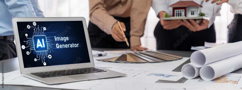 Poster group of interior architect designer discussing together on blueprint and laptop screen display arch