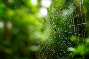 A spider meticulously constructs its web in a vibrant natural setting filled with greenery. The sunlight filters through the leaves, creating a glistening effect on the webs dewdrops