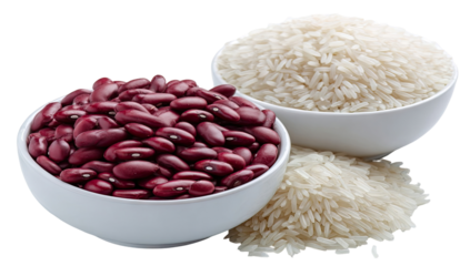 Two white bowls, one filled with red beans, the other with white rice