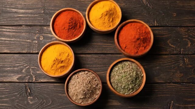 Aromatic Spices in Wooden Bowls - Six small wooden bowls filled with various colorful spices are arranged in a circle on a dark brown wooden surface.