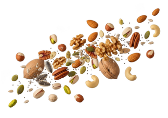 A diverse assortment of mixed nuts and seeds scattered across a dark surface isolated on transparent background