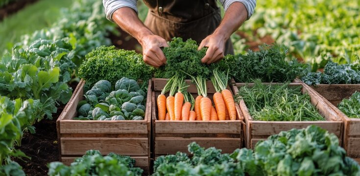 Fresh Vegetables Being Harvested in a Garden During Early Morning Light - Powered by Adobe