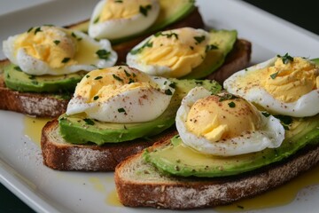 This healthy breakfast features perfectly poached eggs atop creamy avocado slices, elegantly presented on rustic whole grain bread. Enjoy the vibrant colors and fresh herbs