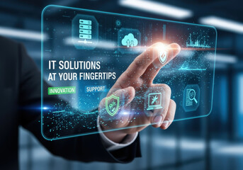 Obraz premium A hand interacting with a holographic IT solutions interface. The interface displays various icons representing cloud storage, data security, and other technological concepts.