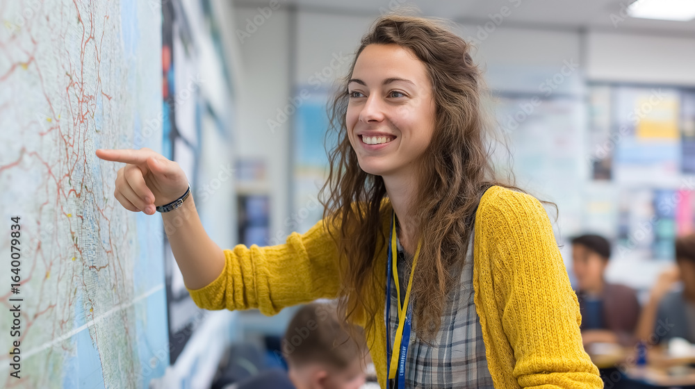 Poster instructor pointing at map with smile in bright classroom filled with students. cheerful setting enc
