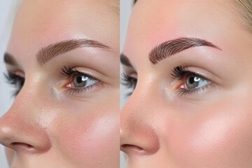 Before-and-after comparison highlights the remarkable change in a womans eyebrows following professional lamination. The procedure enhances arch definition and overall aesthetics