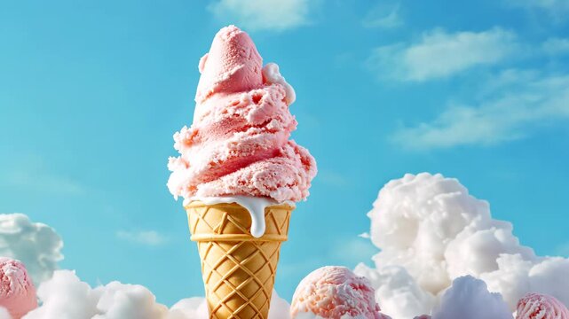 Dreamy ice cream cone rising amidst fluffy clouds against blue sky