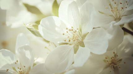 Obraz premium Tranquil close up of white blossoms showcasing their gentle petals, evoking sense of calm and beauty in nature. delicate flowers are surrounded by soft green leaves, creating serene atmosphere